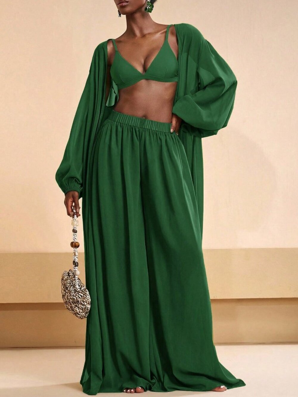 Green Women's Pleated Robe And Wide Leg Pants Set - Picture 5 of 7
